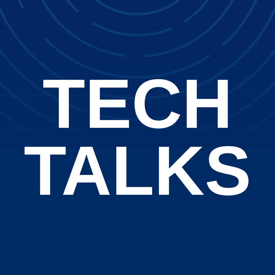 A square digital graphic featuring the words "TECH TALKS" in bold, all-caps white lettering. The background is a deep navy blue, overlaid with semi-transparent concentric arc lines in lighter blue, resembling a stylized signal or sonar pattern. The design suggests technology, communication, and modernity.